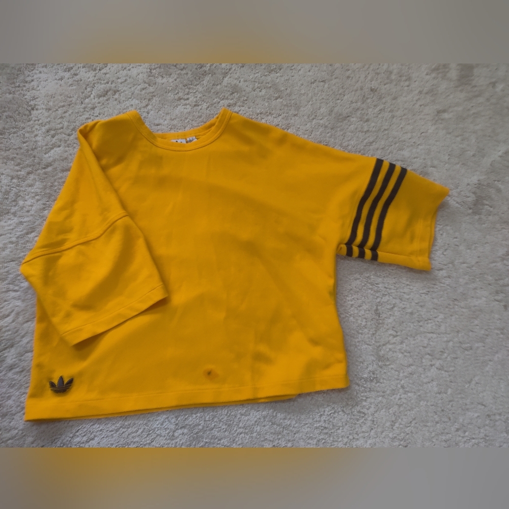 Adidas Golden Cropped Tee with Black Sleeve Stripes